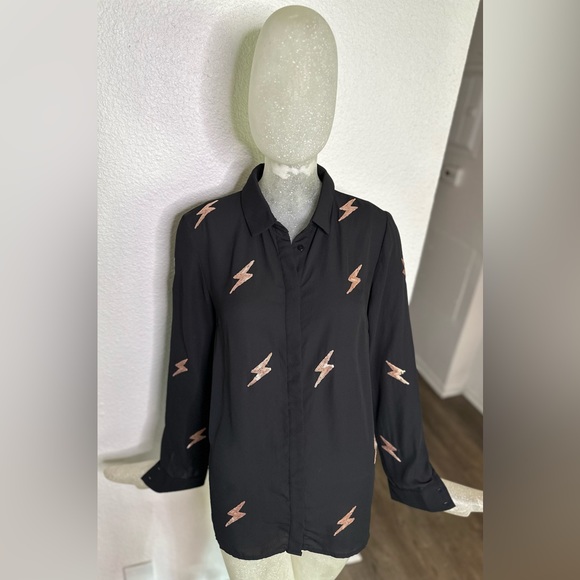 Do+Be Women’s Black Sheer Sequin Lightening Button Down Long Sleeve Top. Size S - Picture 2 of 12